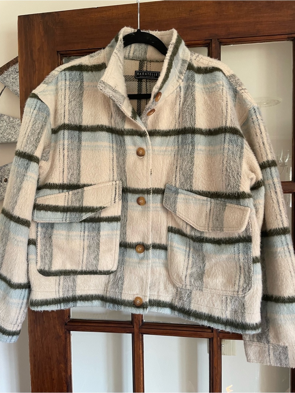 bagatelle Cream Plaid Teddy Shacket with Green and Light Blue Stripes